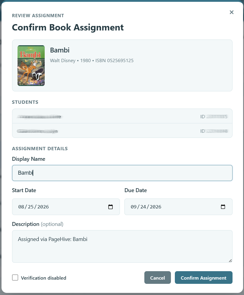 Review Assignment dialog with book details, students, dates, and Confirm Assignment