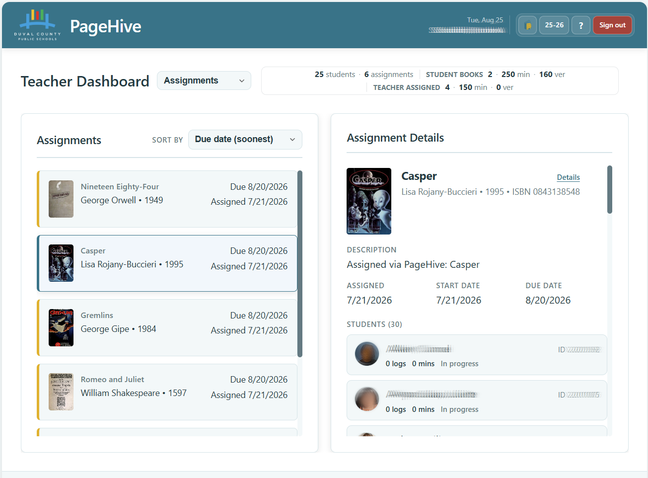 Teacher Assignments view with assignment list and assignment details panel