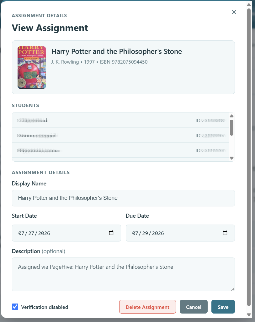 View Assignment dialog with editable dates and Save button