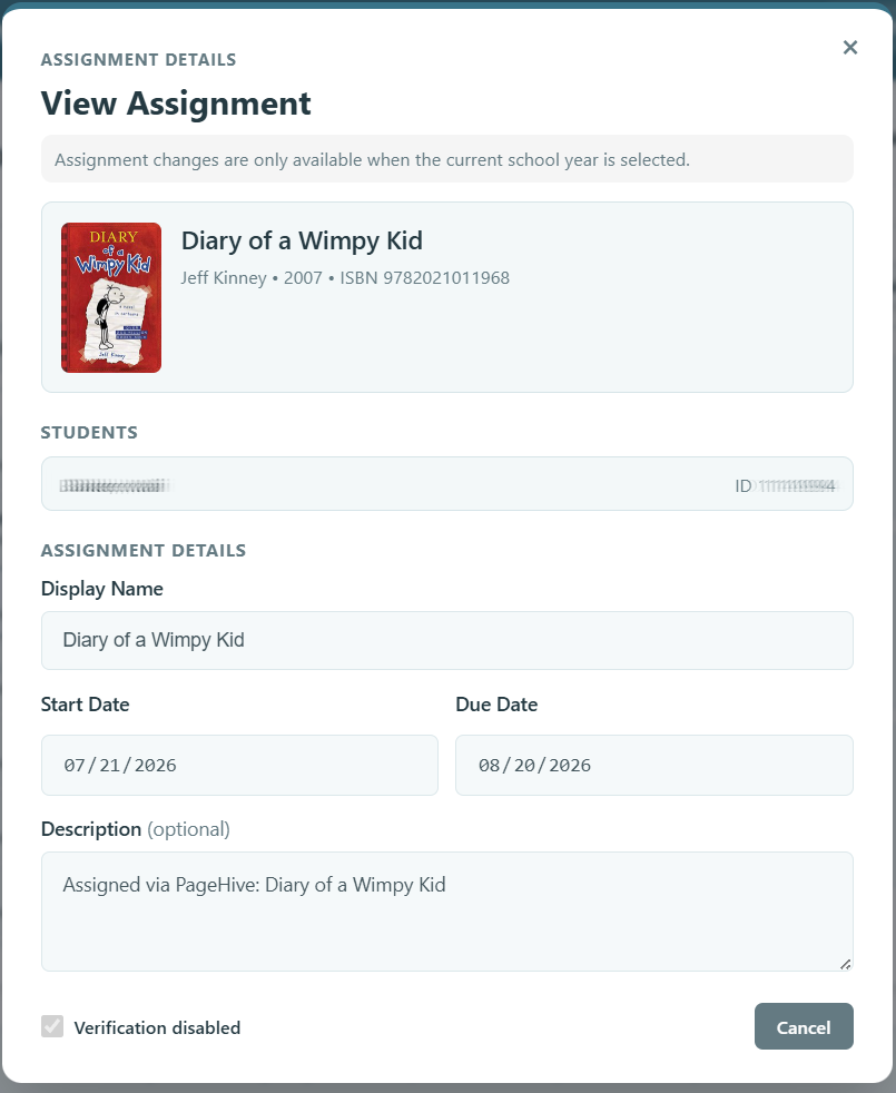 View Assignment dialog read-only when not the current school year