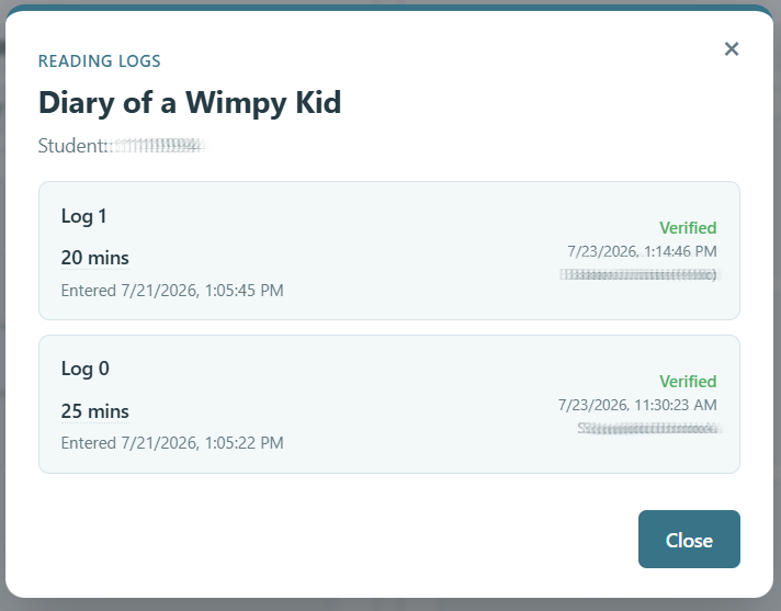 Reading logs modal for a teacher-assigned book