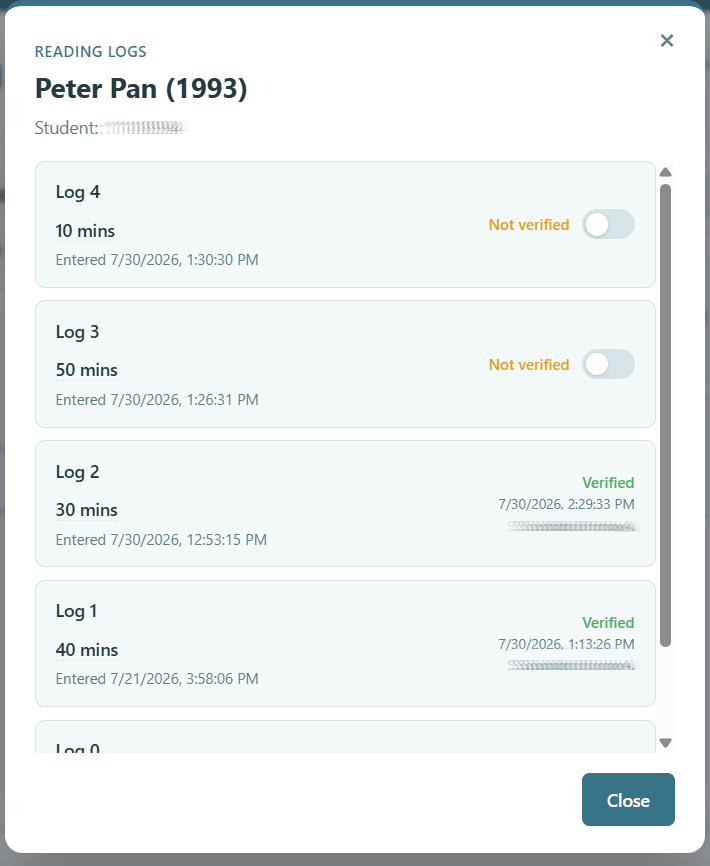 Reading logs modal for a student-added book
